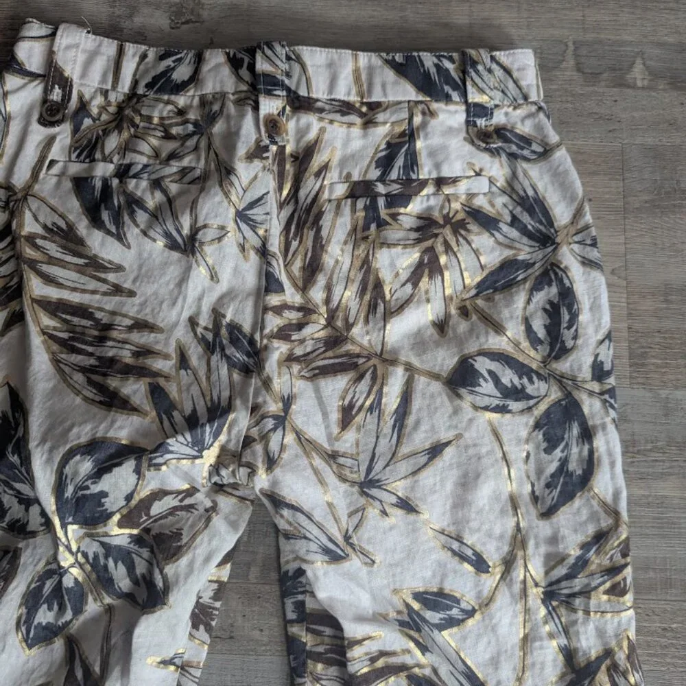 J.Crew Metallic Gold Foil Botanical Linen Garden Ankle Pants | Size 4